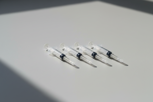Three clear pre-filled syringes arranged in a row on a pale grey surface