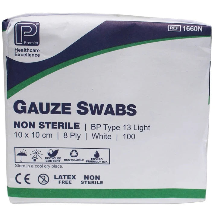 Premier Cotton Gauze Swabs 10 x 10cm, 8 Ply (Non-Sterile)