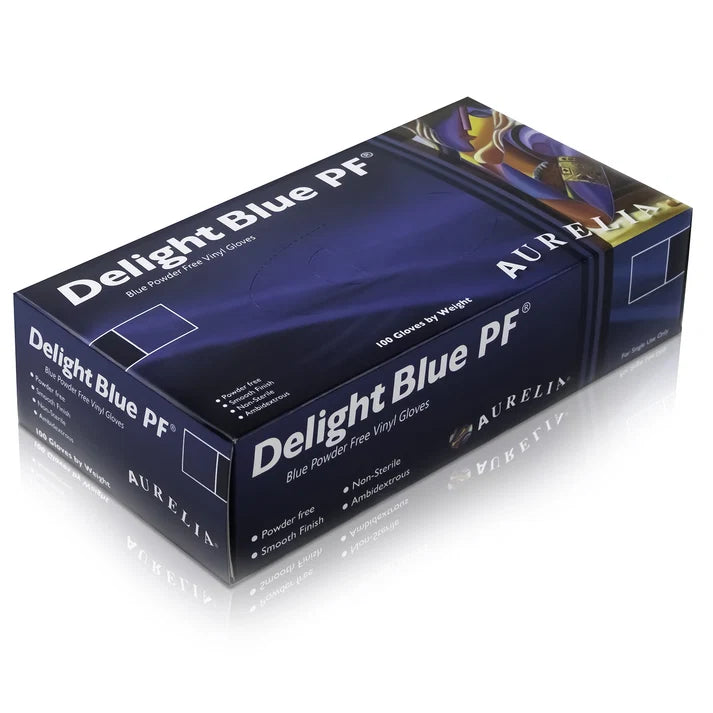 Aurelia Delight Blue Vinyl Gloves, Powder Free (Box of 100)